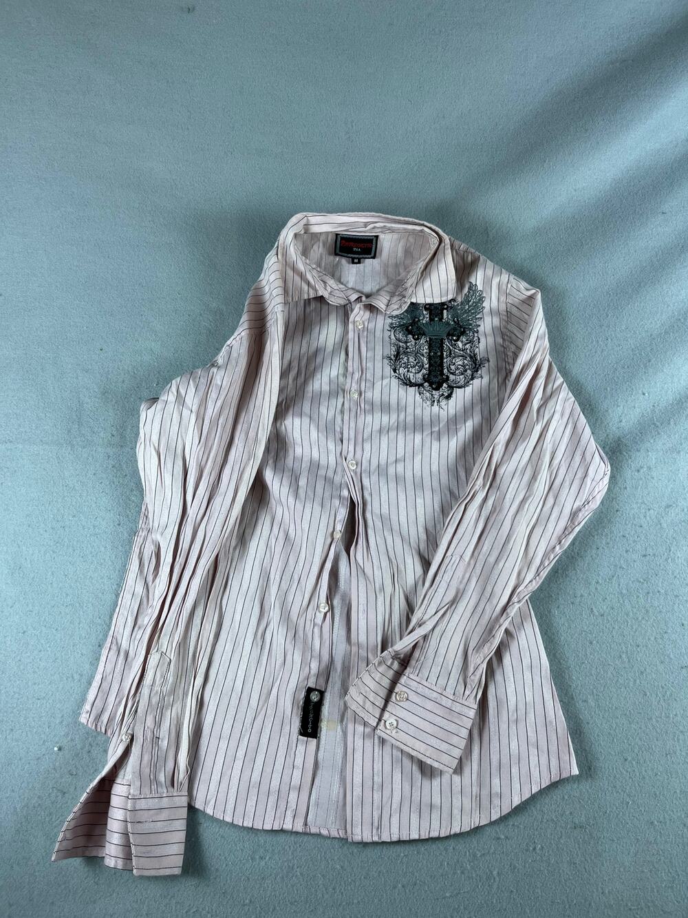 Patroncito Shirt Mens M Pink Black Striped Cross Crown Rhinestone Embroidered